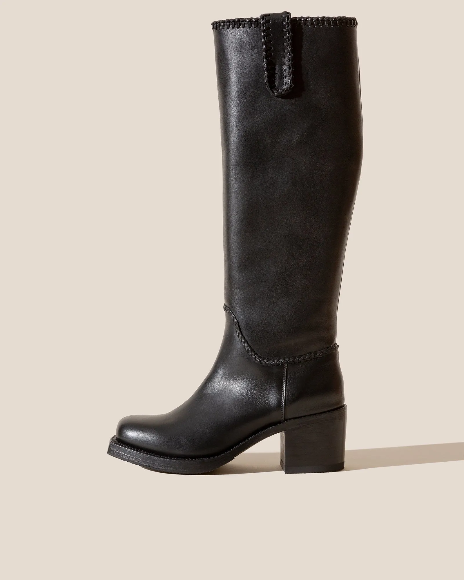 CALOBRA - Heeled Square-Toe Braided Detail Knee-High Boot sold by Hereu Studio
