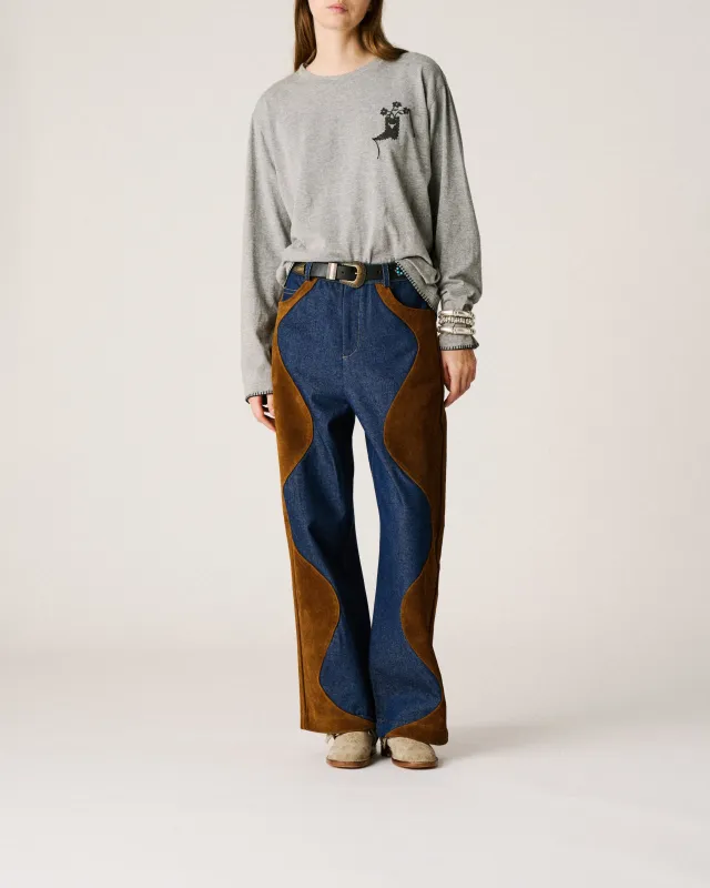 Denim suede pants sold by Arizona Love