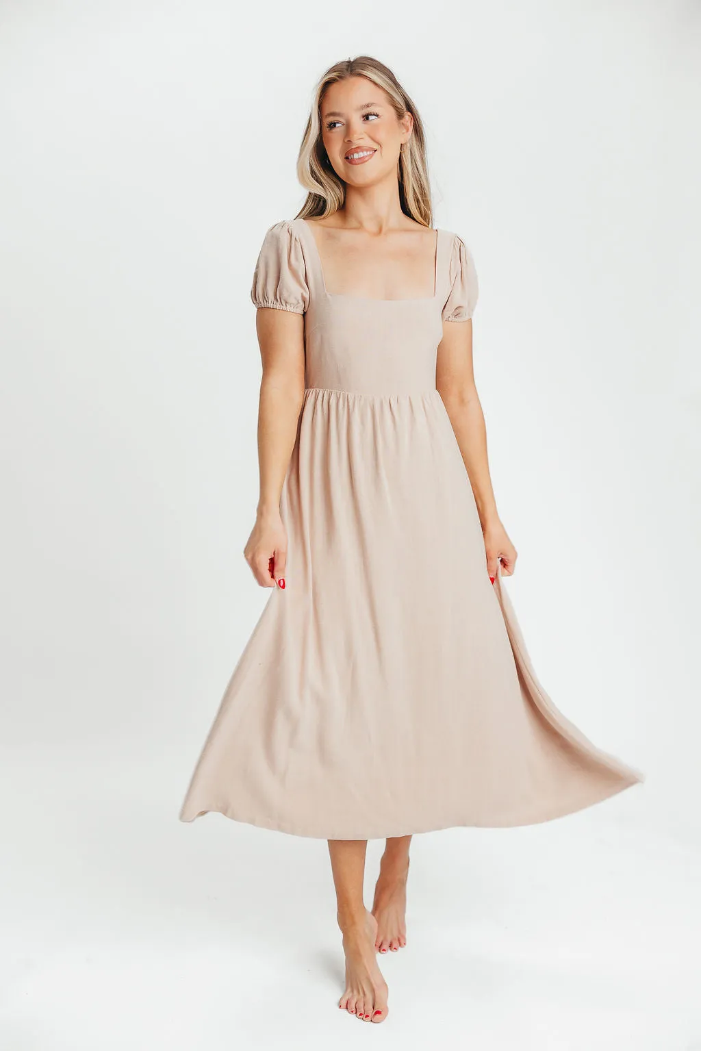 August Open Back Midi Dress in Taupe - Bump Friendly sold by Worth Collective