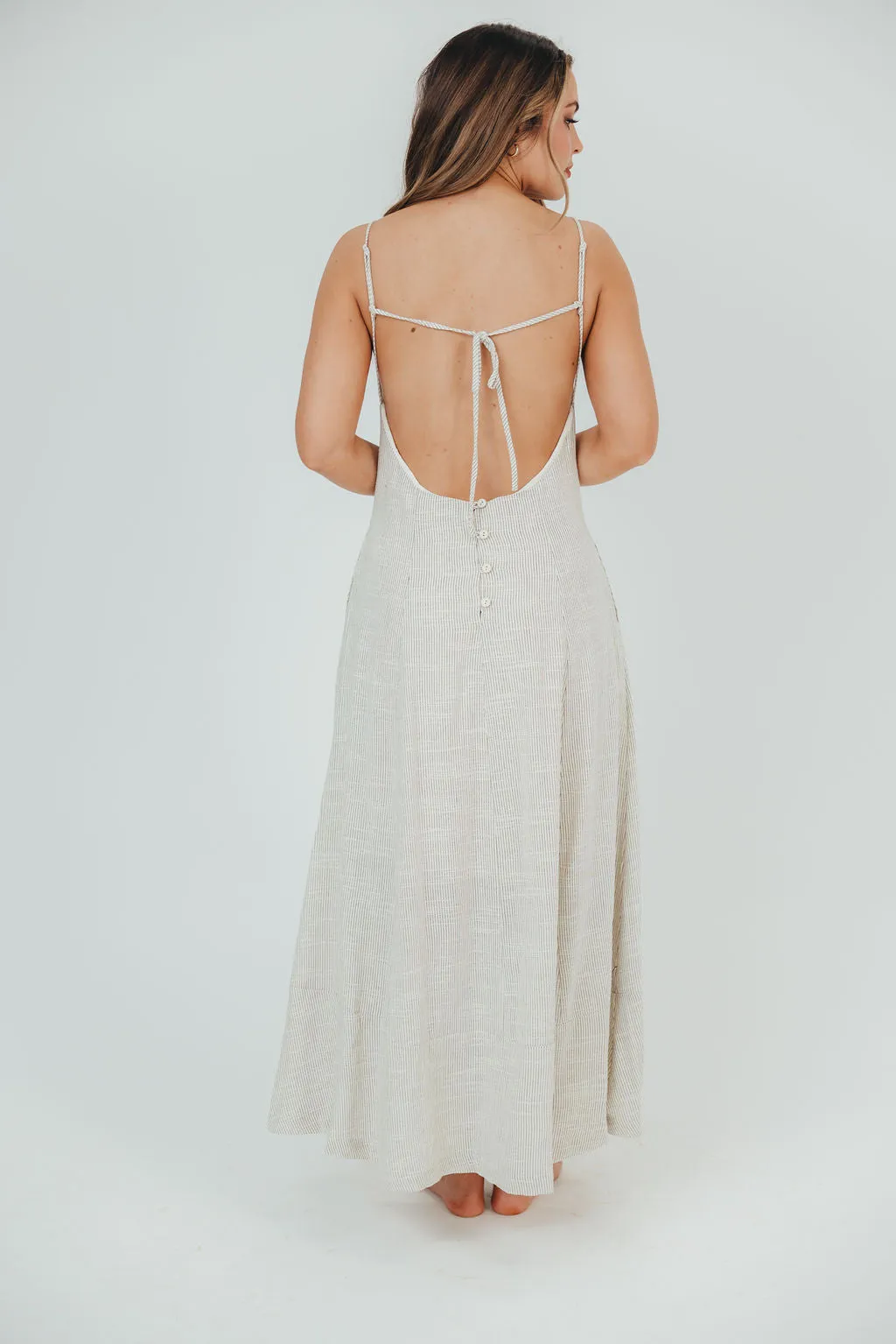 Natalia Striped Linen-Blend Maxi Dress with Open Back in Natural Stripe sold by Worth Collective product image thumbnail 5