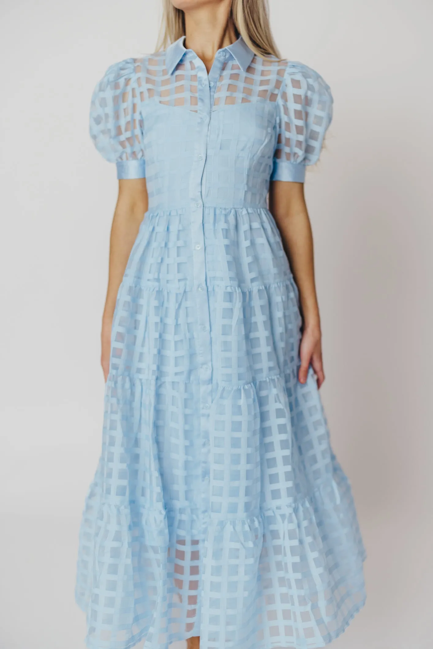 Maude Organza Tiered Maxi Dress with Grid Pattern in Powder Blue sold by Worth Collective