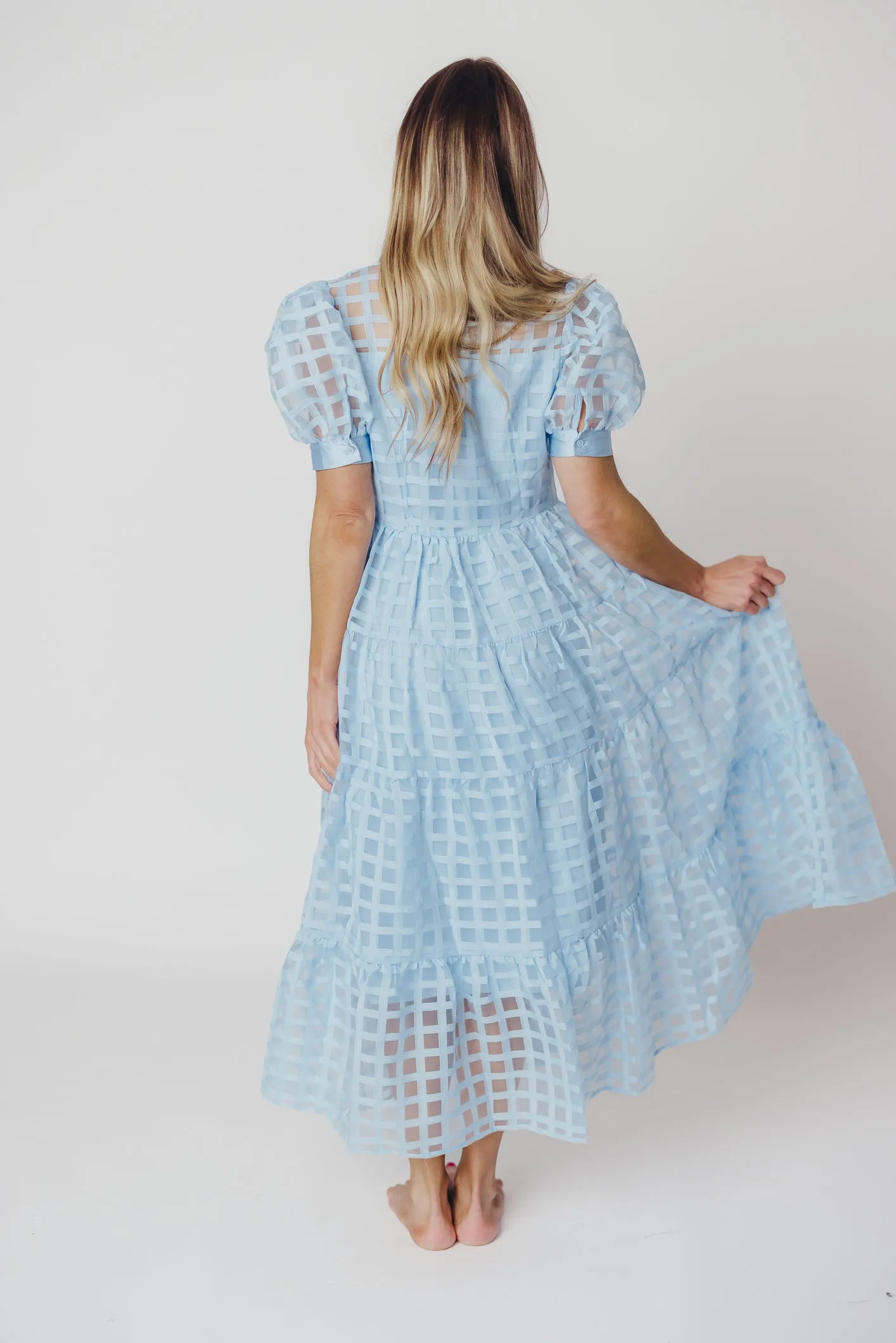 Maude Organza Tiered Maxi Dress with Grid Pattern in Powder Blue sold by Worth Collective product image thumbnail 4