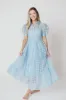 Maude Organza Tiered Maxi Dress with Grid Pattern in Powder Blue sold by Worth Collective