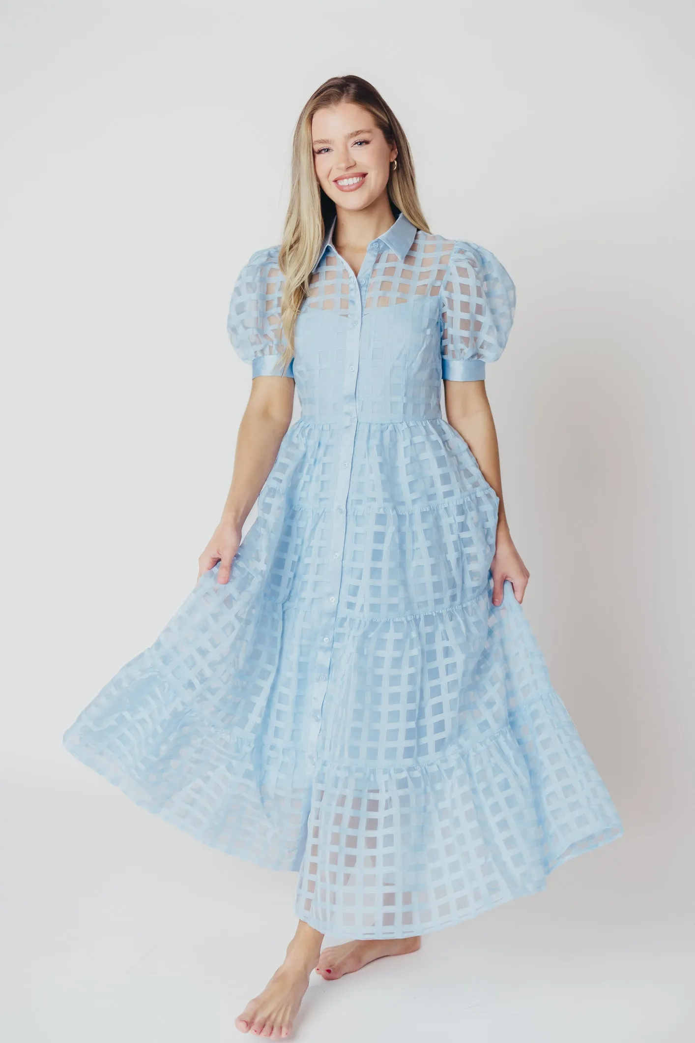 Maude Organza Tiered Maxi Dress with Grid Pattern in Powder Blue sold by Worth Collective product image thumbnail 2