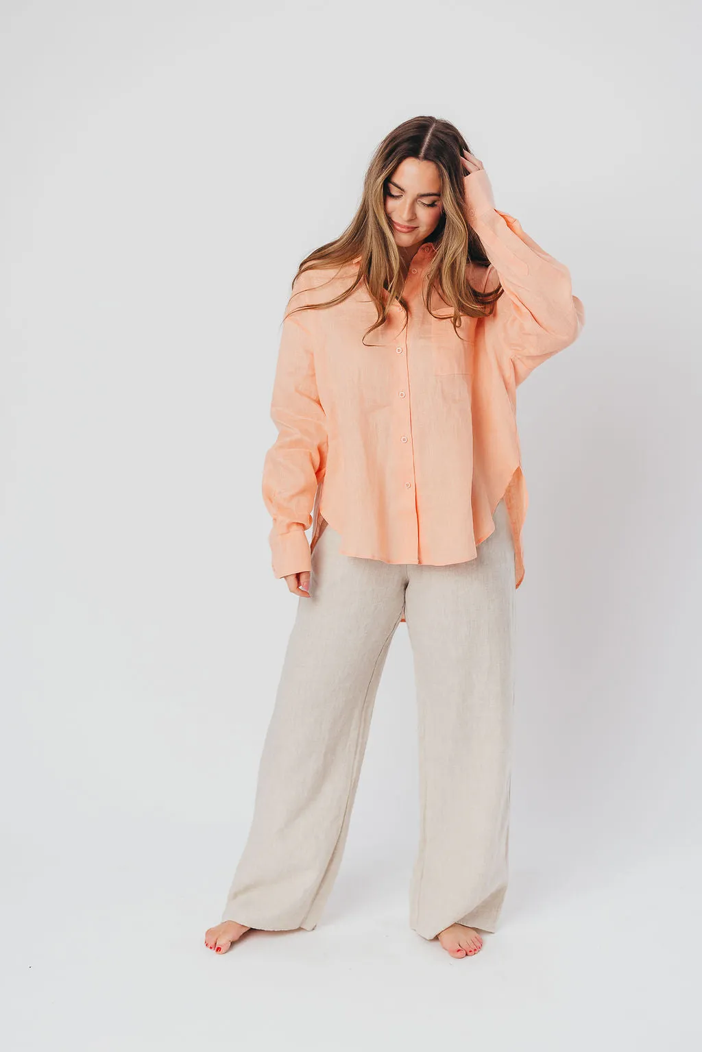 Helen 100% Linen Shirt in Peach - Nursing Friendly sold by Worth Collective product image thumbnail 3