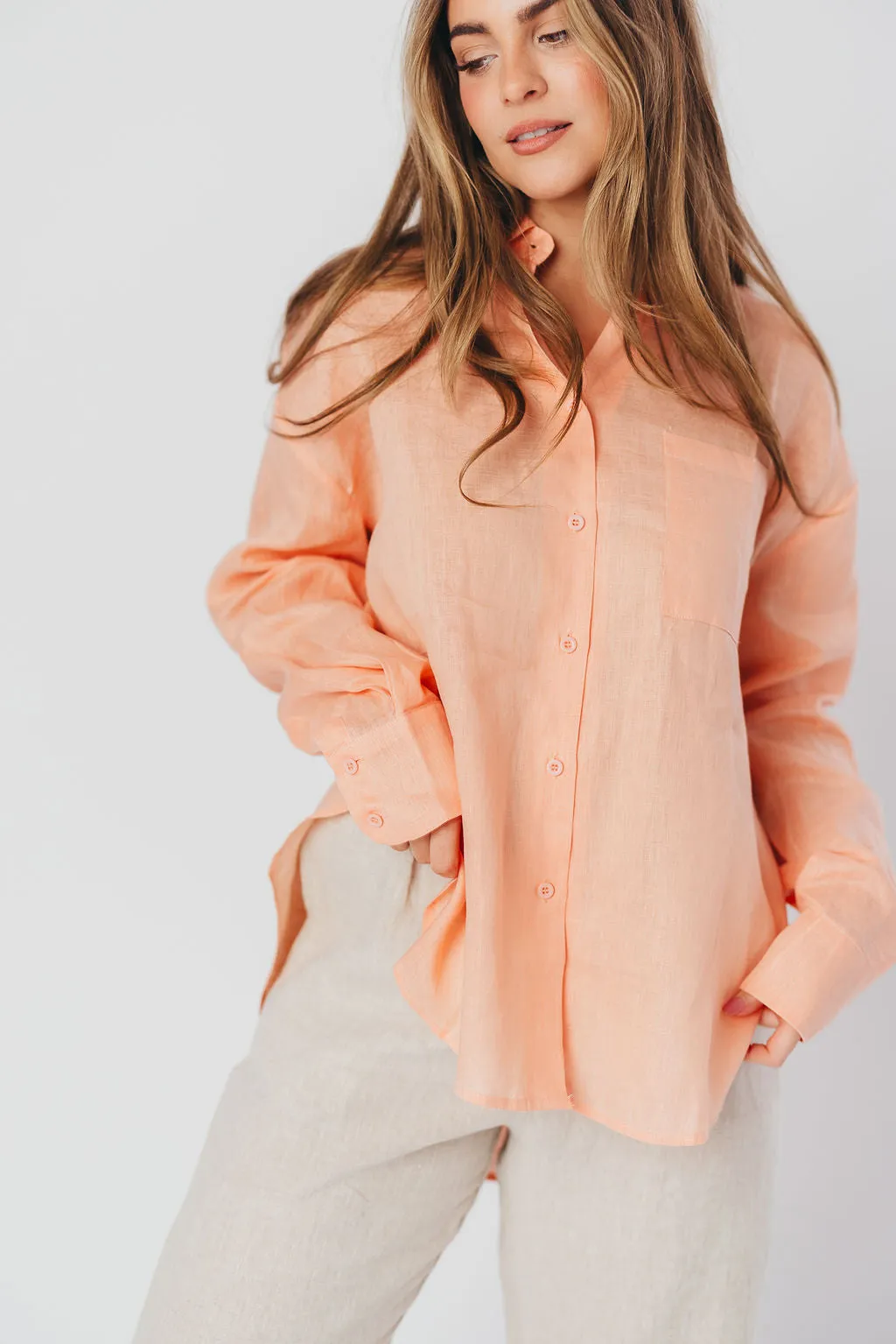 Helen 100% Linen Shirt in Peach - Nursing Friendly sold by Worth Collective