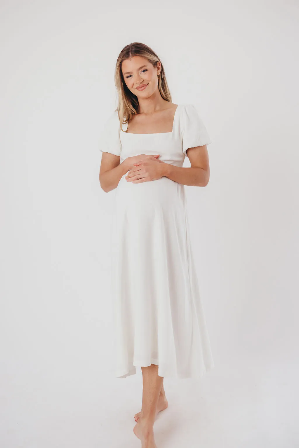 Ainsley Square Neck Midi Dress with Puffed Sleeves in Off-White - Bump Friendly & Inclusive Sizing (S-3XL) sold by Worth Collective product image thumbnail 5