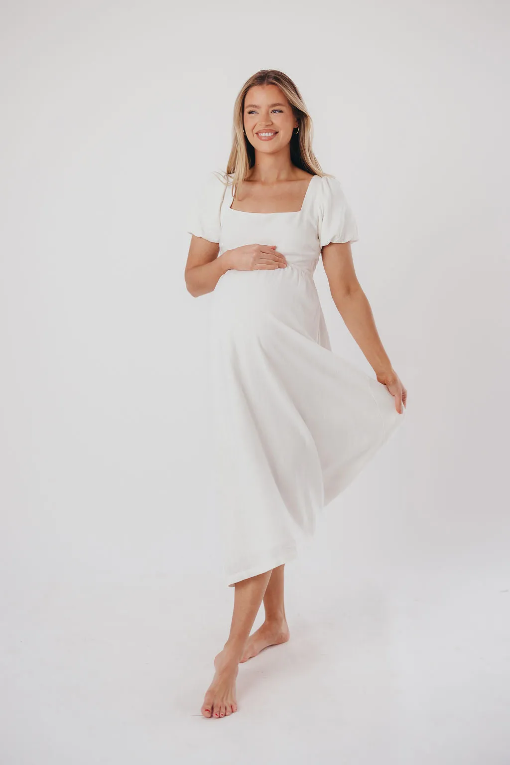 Ainsley Square Neck Midi Dress with Puffed Sleeves in Off-White - Bump Friendly & Inclusive Sizing (S-3XL) sold by Worth Collective