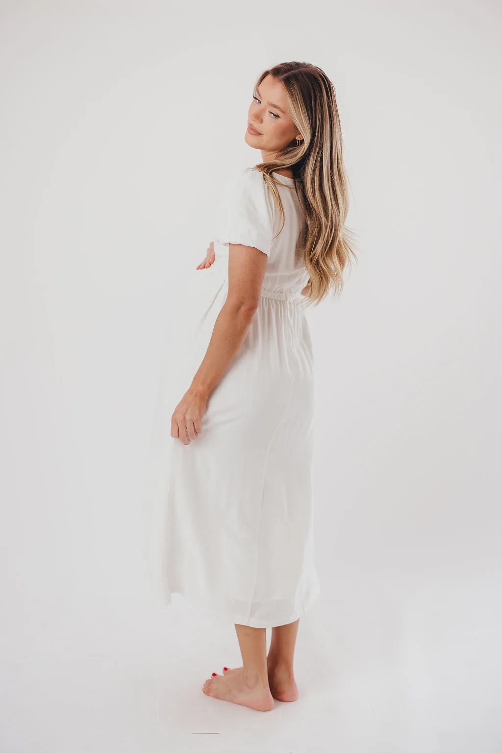 Ainsley Square Neck Midi Dress with Puffed Sleeves in Off-White - Bump Friendly & Inclusive Sizing (S-3XL) sold by Worth Collective product image thumbnail 4