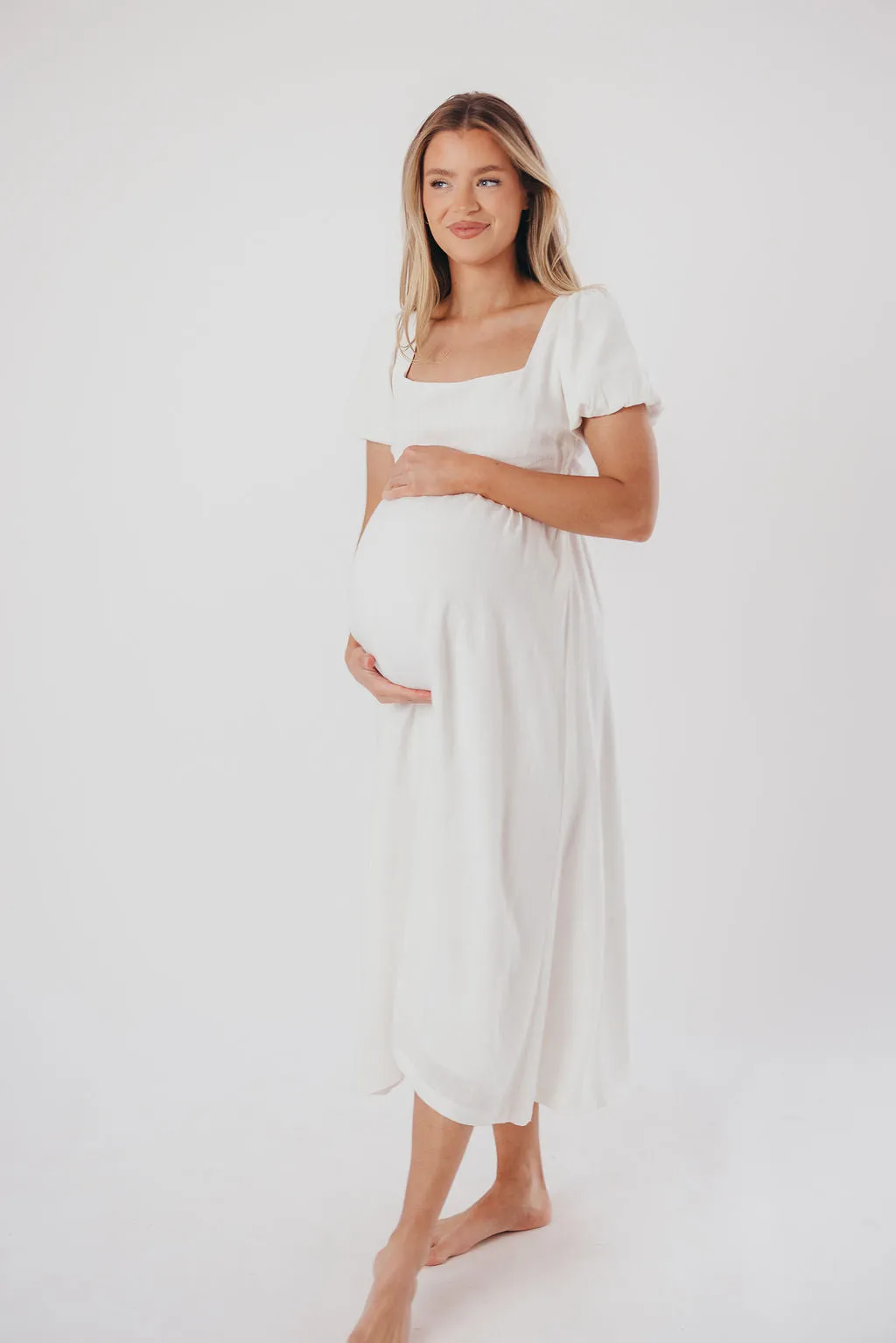 Ainsley Square Neck Midi Dress with Puffed Sleeves in Off-White - Bump Friendly & Inclusive Sizing (S-3XL) sold by Worth Collective product image thumbnail 2