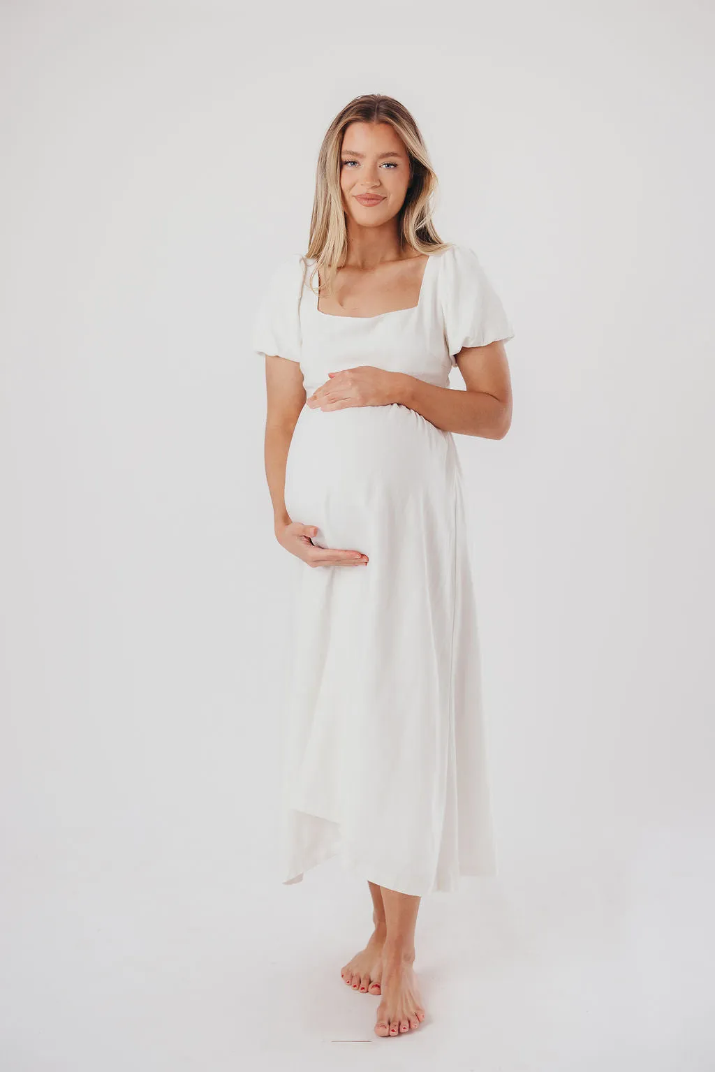 Ainsley Square Neck Midi Dress with Puffed Sleeves in Off-White - Bump Friendly & Inclusive Sizing (S-3XL) sold by Worth Collective product image thumbnail 3