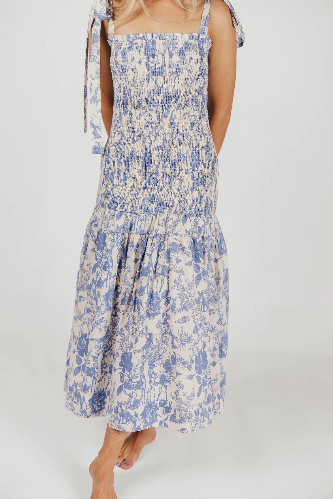 Marianne Toile Print Midi Dress with Smocking and Tie Accents in Blue - Bump Friendly sold by Worth Collective product image thumbnail 4