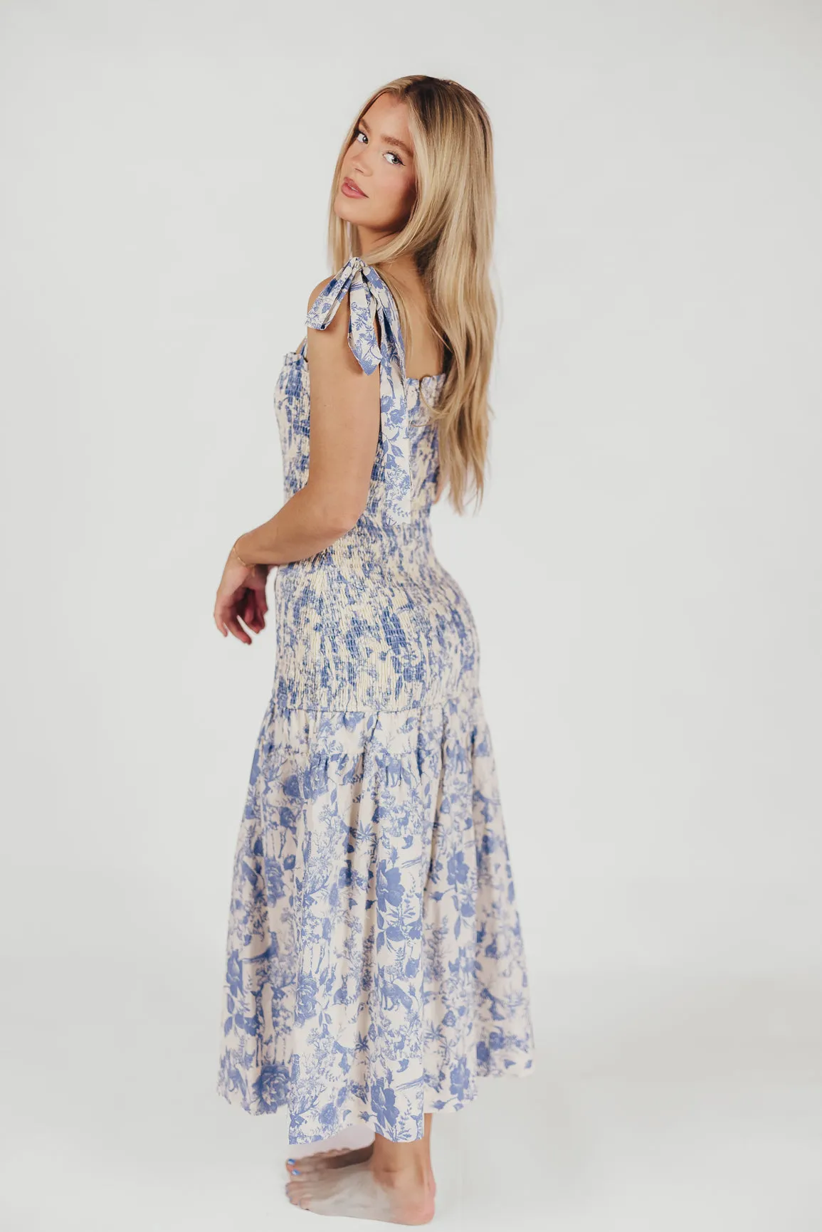 Marianne Toile Print Midi Dress with Smocking and Tie Accents in Blue - Bump Friendly sold by Worth Collective product image thumbnail 5