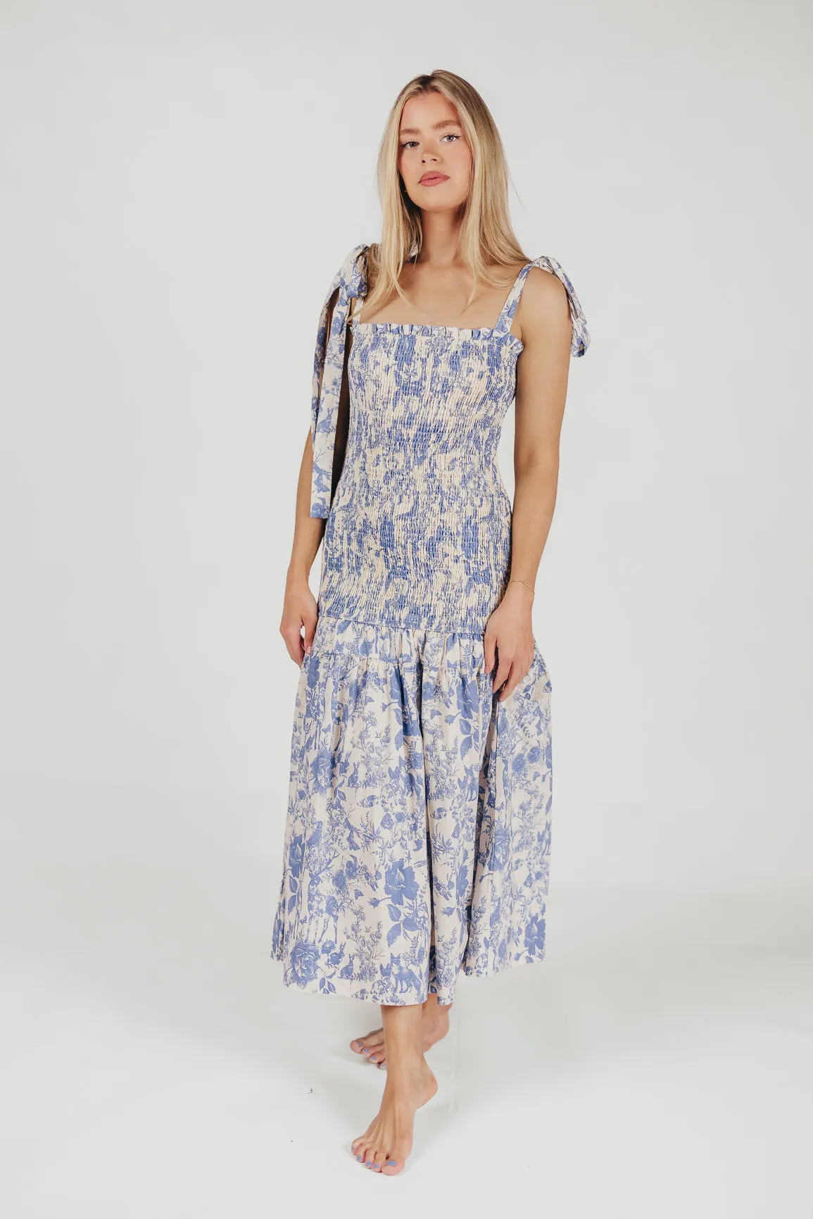 Marianne Toile Print Midi Dress with Smocking and Tie Accents in Blue - Bump Friendly sold by Worth Collective product image thumbnail 2