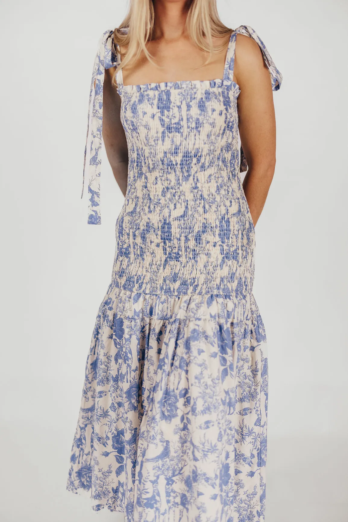 Marianne Toile Print Midi Dress with Smocking and Tie Accents in Blue - Bump Friendly sold by Worth Collective product image thumbnail 3