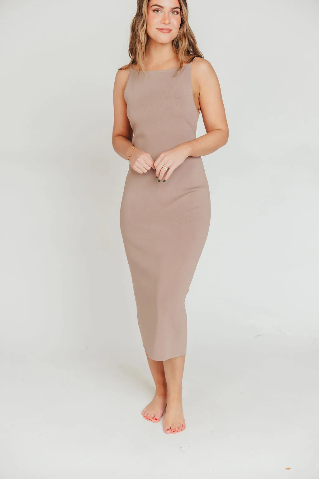 Elyse Midi Dress in Taupe sold by Worth Collective