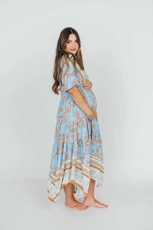 Morgan Border Print Maxi Dress with Tiered Skirt in Blue Multi sold by Worth Collective