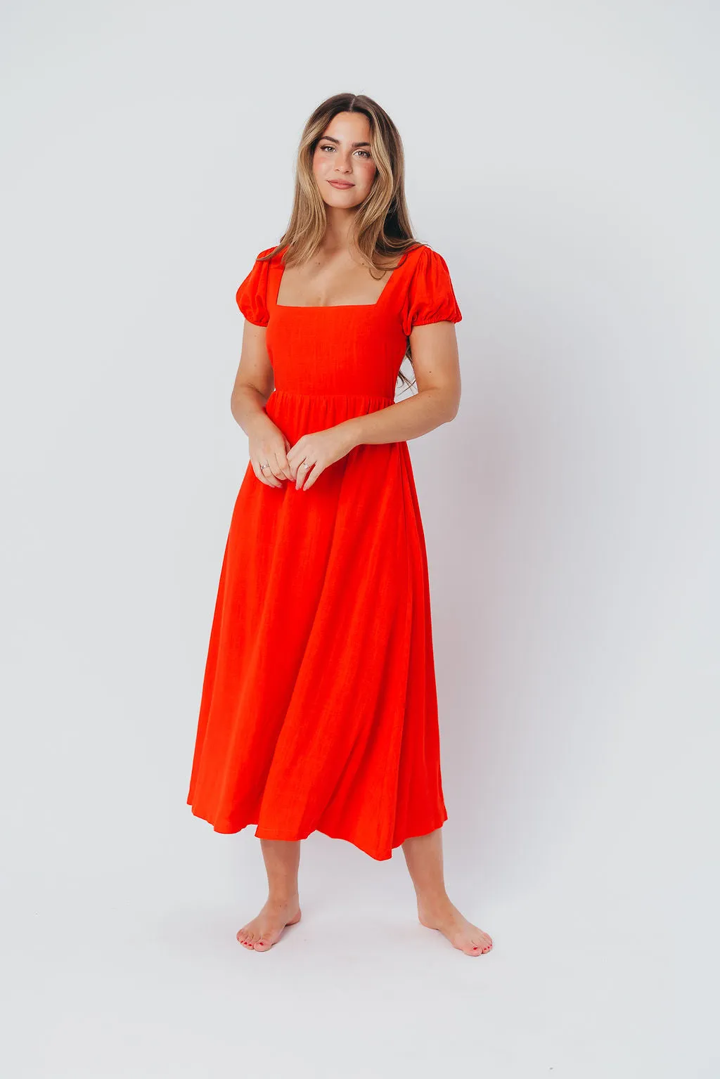 August Open Back Midi Dress in Poppy - Bump Friendly sold by Worth Collective