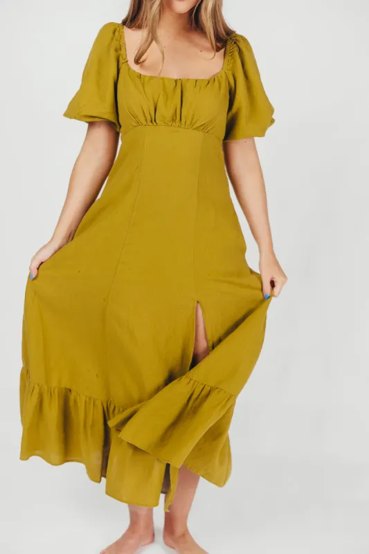 Beatrice Linen Fit-and-Flare Maxi Dress in Chartreuse sold by Worth Collective