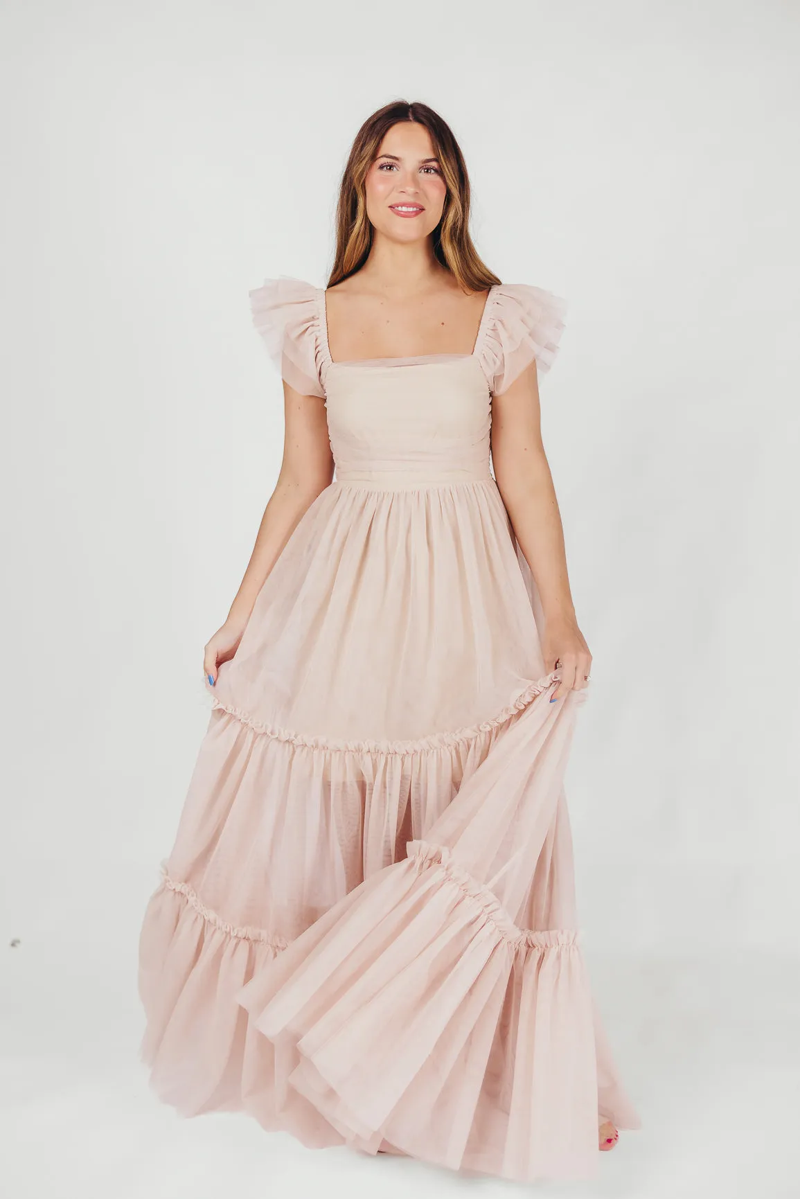 Bella Tiered Tulle Maxi Dress in Peachy Nude - Bump Friendly & Inclusive Sizing (S-3XL) sold by Worth Collective product image thumbnail 4