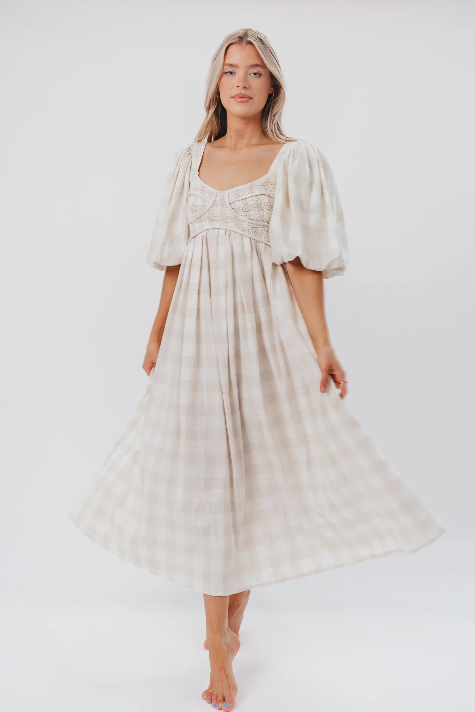 Harlow Maxi Dress in Natural Plaid - Bump Friendly sold by Worth Collective product image thumbnail 3