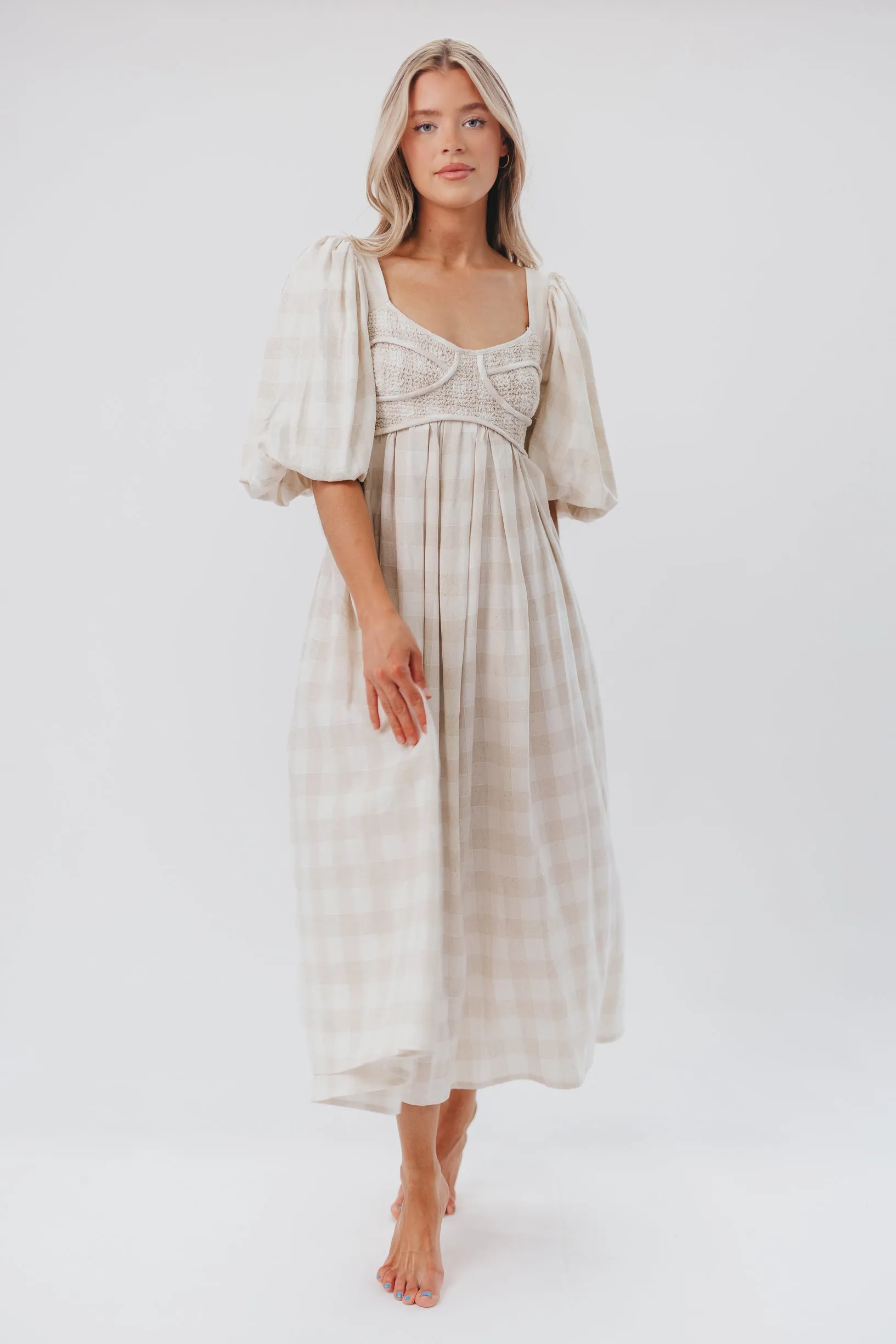 Harlow Maxi Dress in Natural Plaid - Bump Friendly sold by Worth Collective product image thumbnail 4