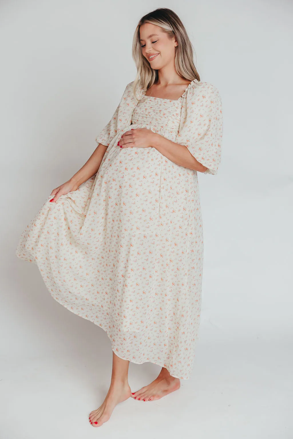Melody Maxi Dress with Pleats and Bow Detail in Ivory Floral- Bump Friendly & Inclusive Sizing (S-3XL) sold by Worth Collective product image thumbnail 4