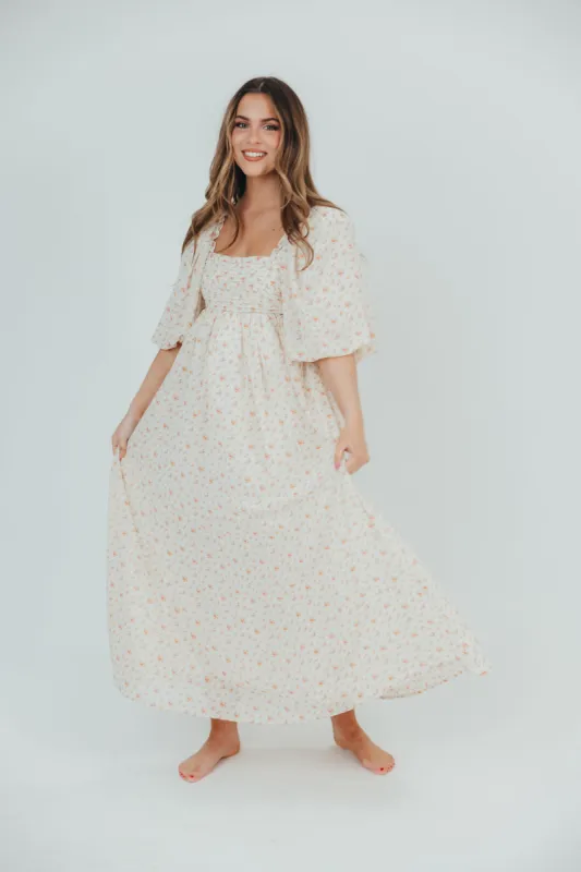 Melody Maxi Dress with Pleats and Bow Detail in Ivory Floral- Bump Friendly & Inclusive Sizing (S-3XL) sold by Worth Collective