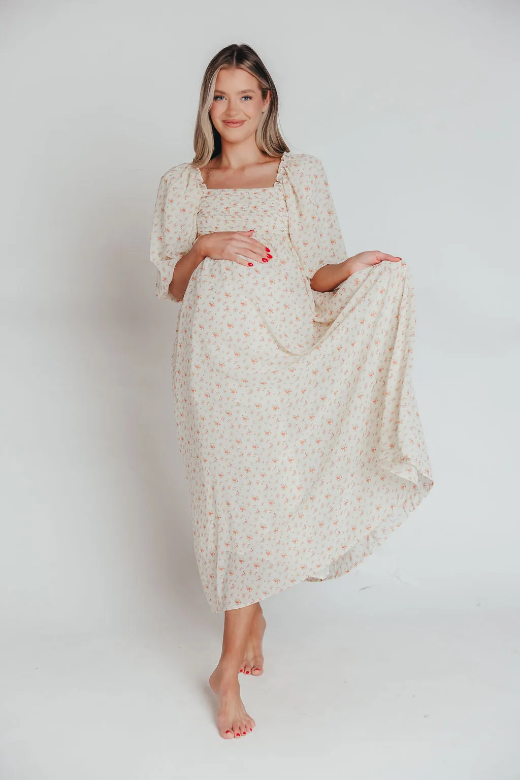 Melody Maxi Dress with Pleats and Bow Detail in Ivory Floral- Bump Friendly & Inclusive Sizing (S-3XL) sold by Worth Collective product image thumbnail 2