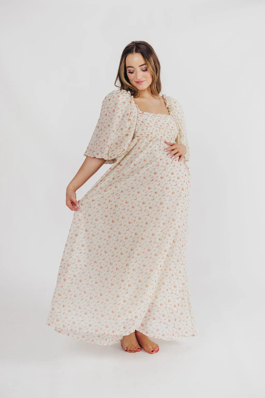 Melody Maxi Dress with Pleats and Bow Detail in Ivory Floral- Bump Friendly & Inclusive Sizing (S-3XL) sold by Worth Collective product image thumbnail 3