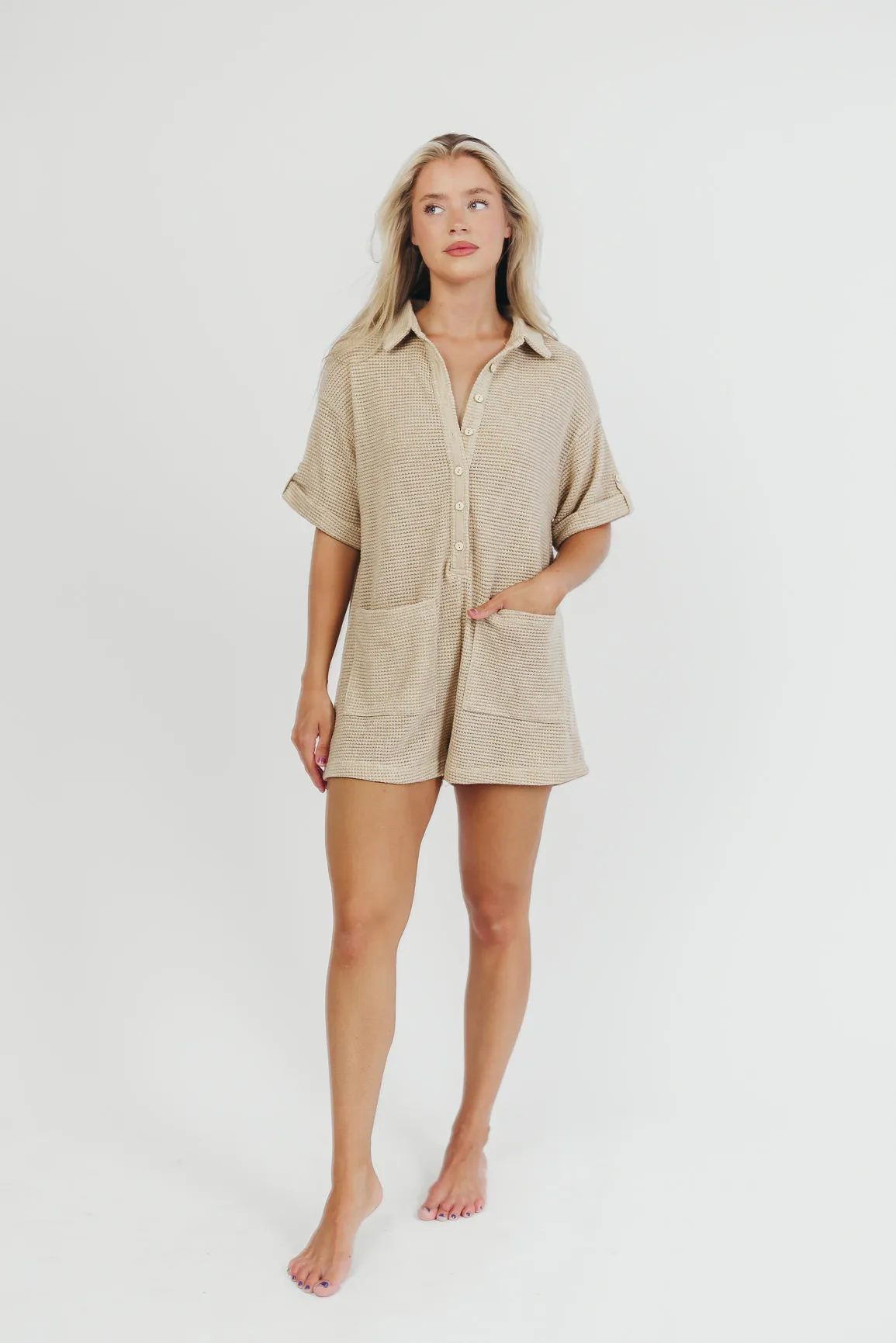 Bailey Waffle Button Down Romper in Oatmeal - Nursing Friendly sold by Worth Collective product image thumbnail 3