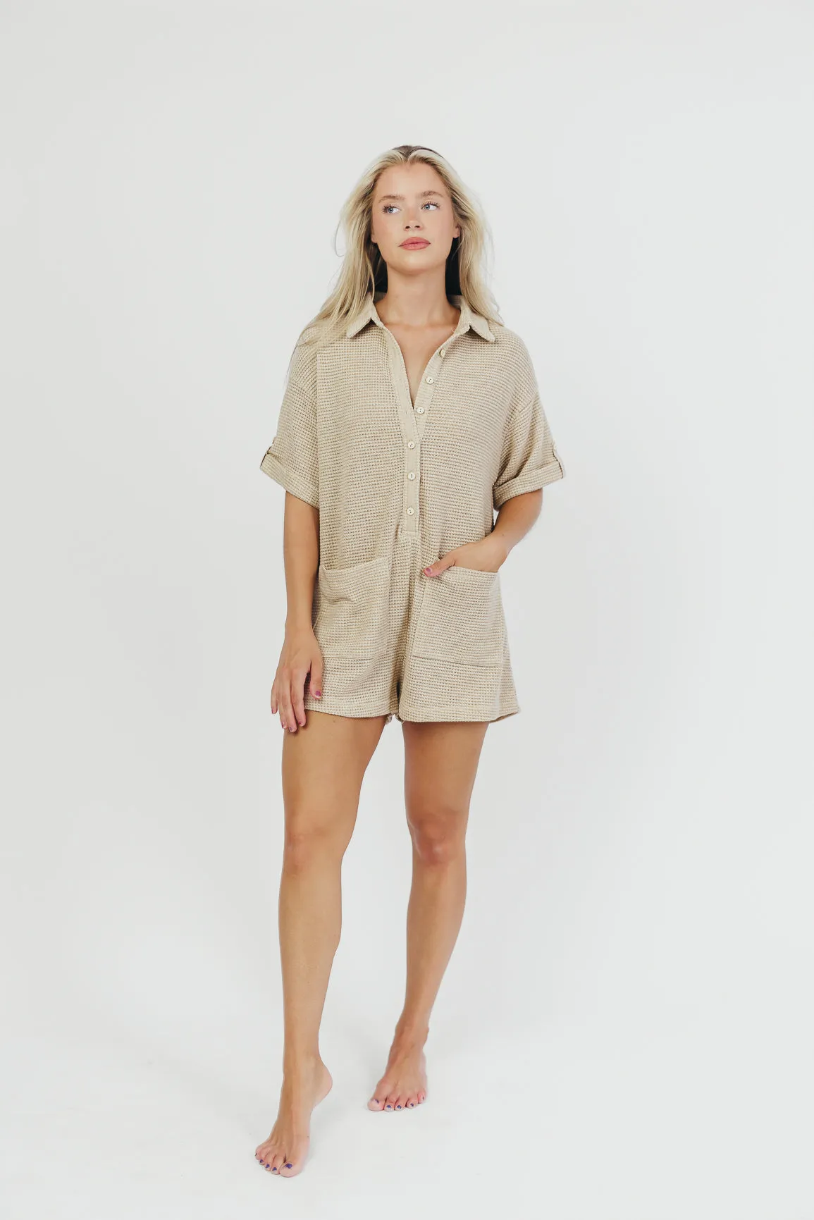 Bailey Waffle Button Down Romper in Oatmeal - Nursing Friendly sold by Worth Collective product image thumbnail 2
