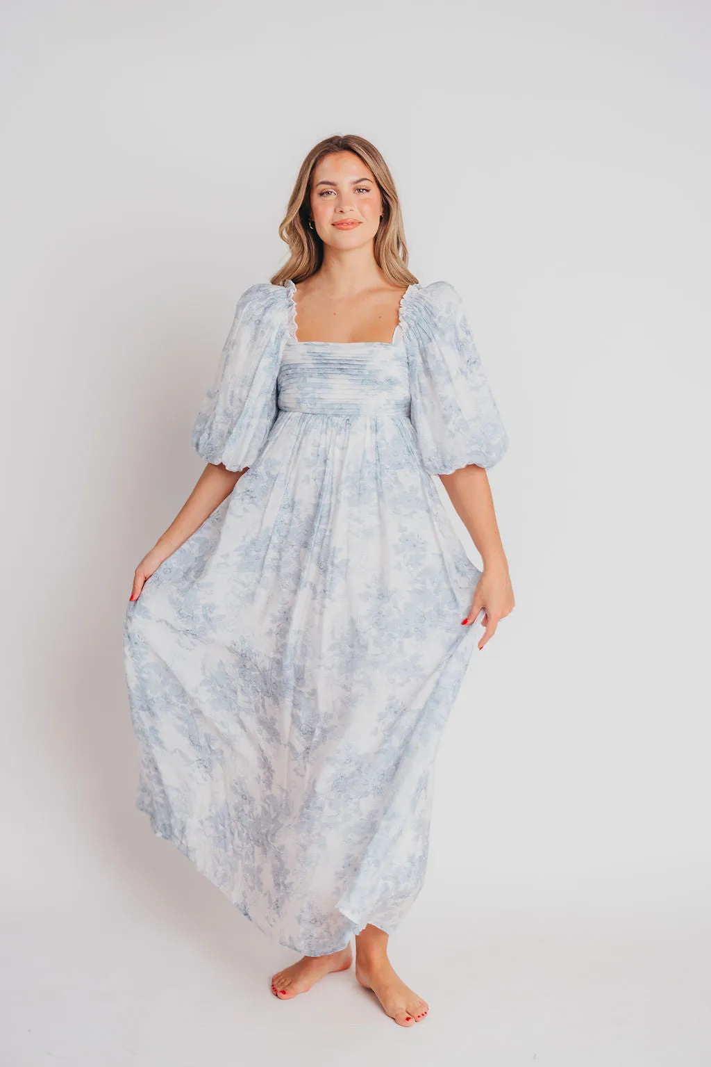 Melody Maxi Dress with Pleats and Bow Detail in Blue Floral - Bump Friendly & Inclusive Sizing (S-3XL) sold by Worth Collective product image thumbnail 4