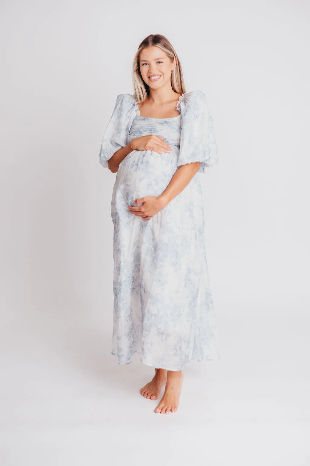 Melody Maxi Dress with Pleats and Bow Detail in Blue Floral - Bump Friendly & Inclusive Sizing (S-3XL) sold by Worth Collective product image thumbnail 5
