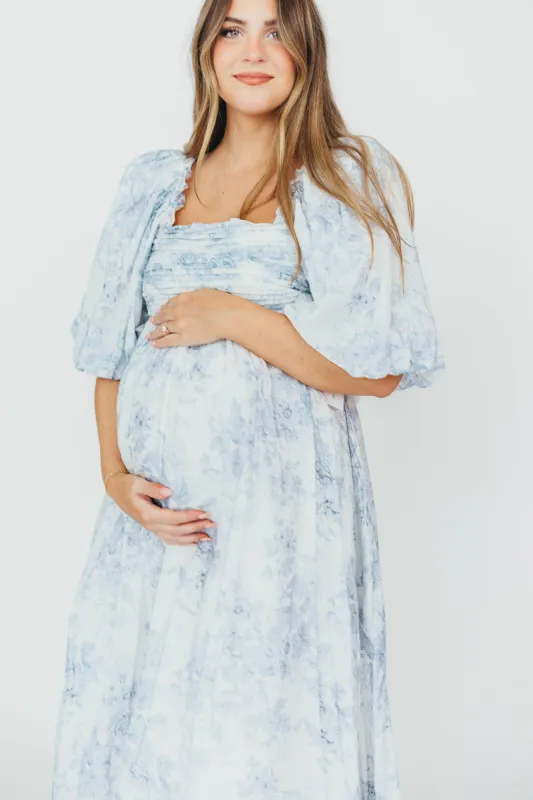 Melody Maxi Dress with Pleats and Bow Detail in Blue Floral - Bump Friendly & Inclusive Sizing (S-3XL) - PRE-ORDER - Please see description for fit info - sold by Worth Collective