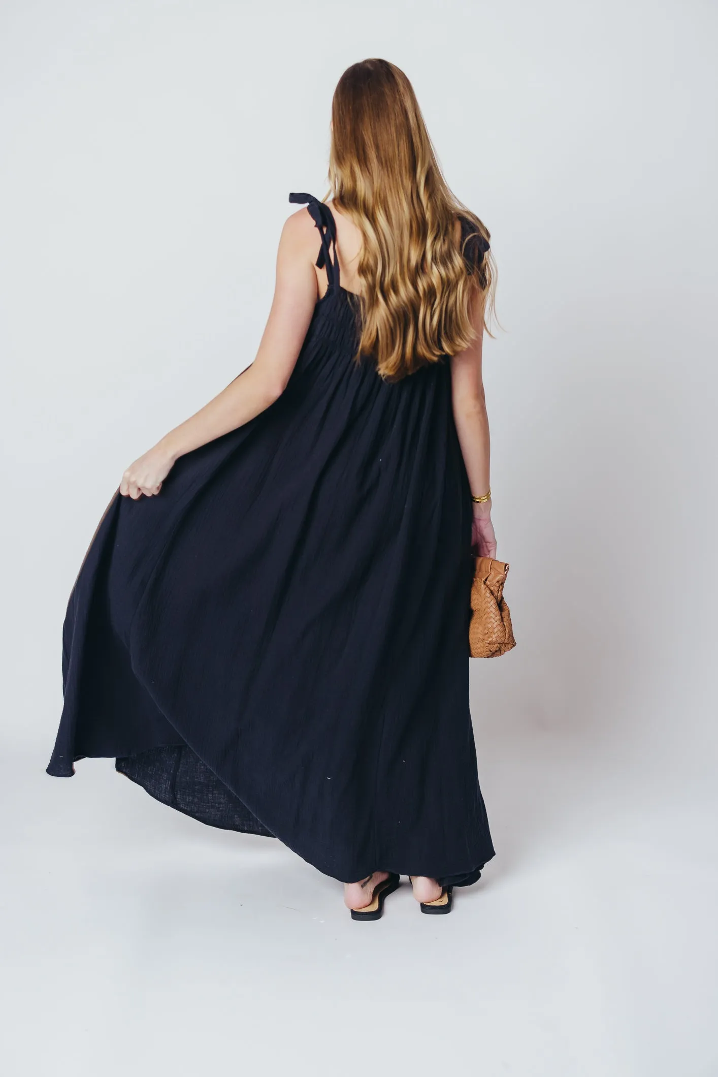Almeria Smocked Maxi Dress with Self-Tie Straps in Black - Bump Friendly sold by Worth Collective product image thumbnail 5