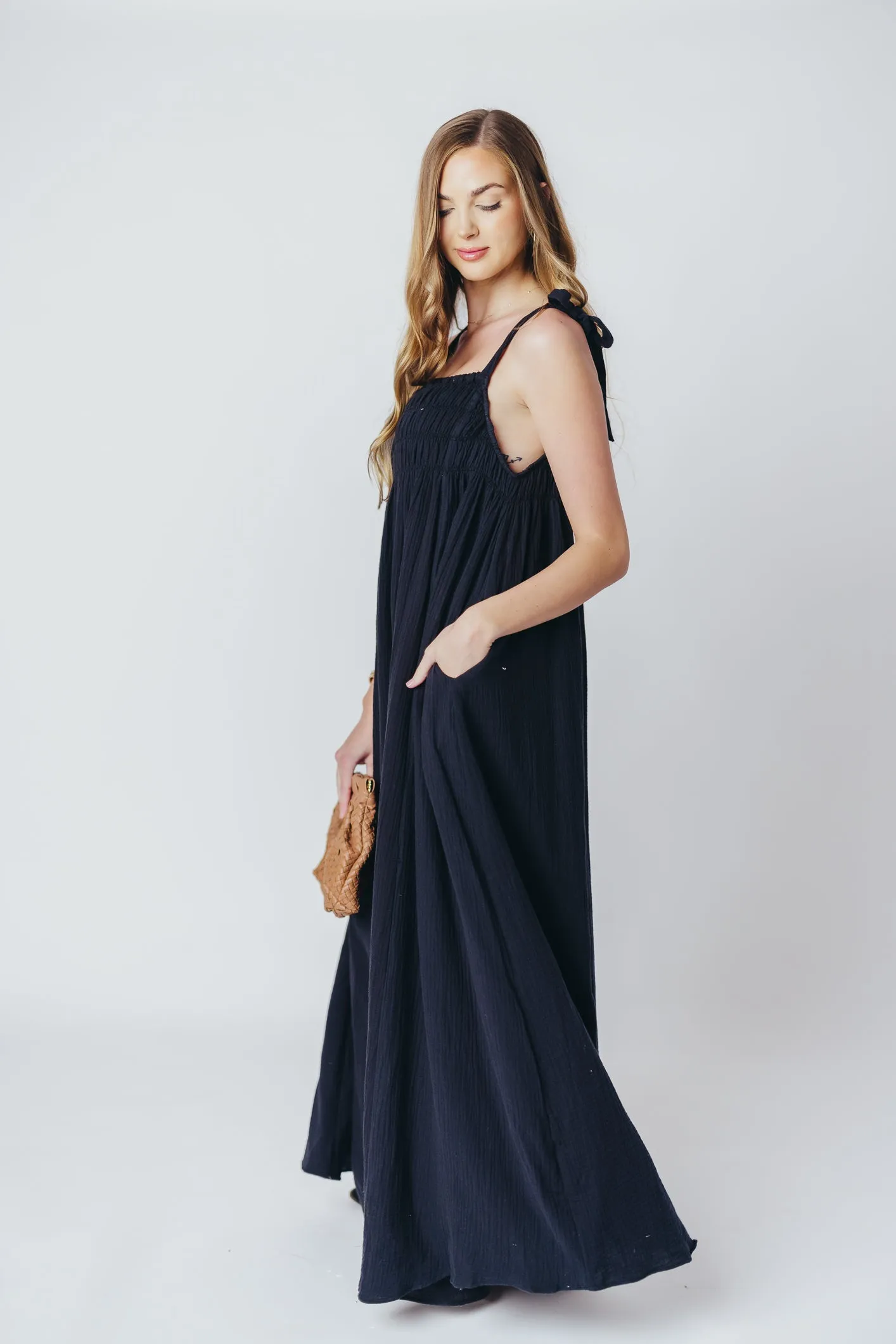 Almeria Smocked Maxi Dress with Self-Tie Straps in Black - Bump Friendly sold by Worth Collective product image thumbnail 4