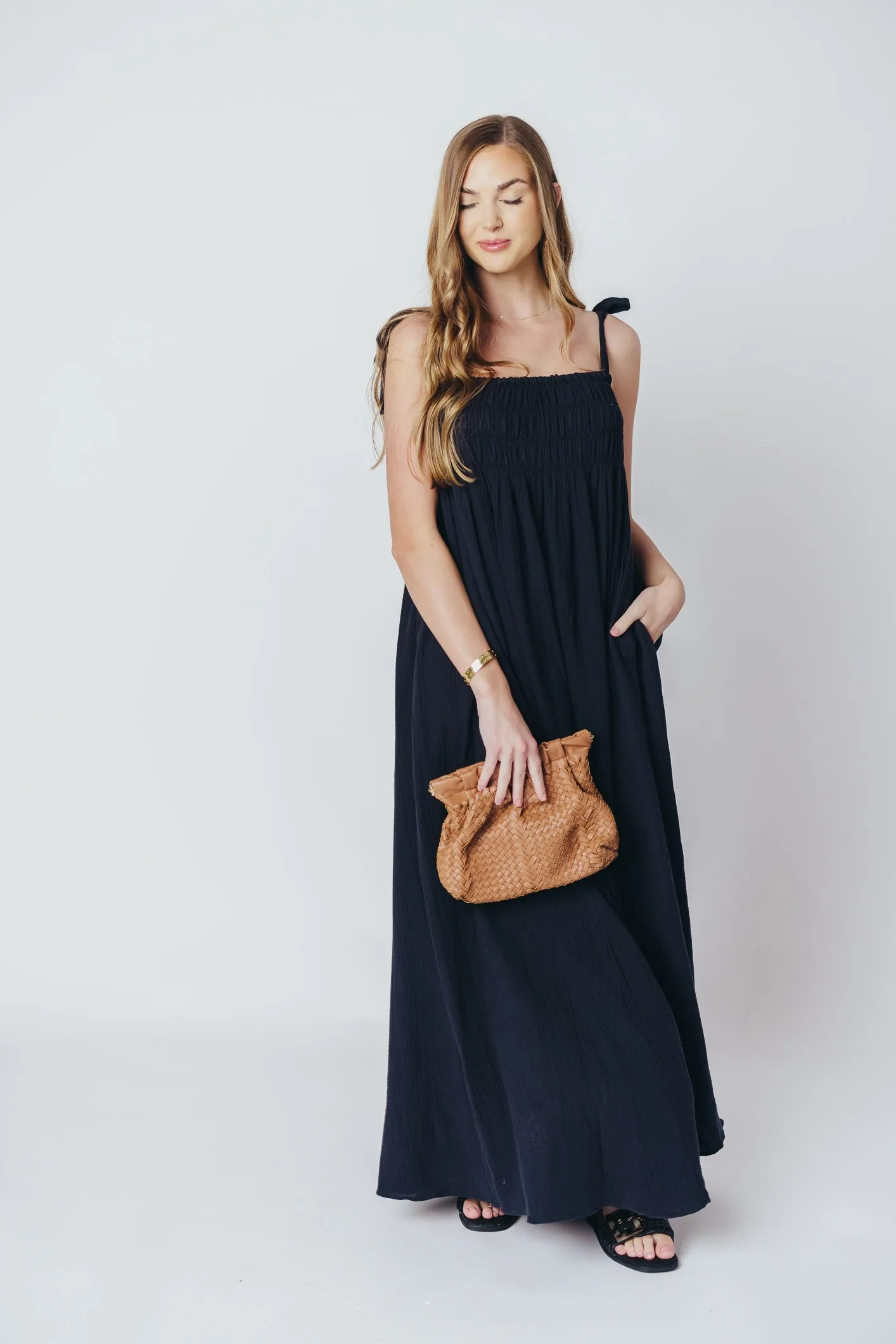 Almeria Smocked Maxi Dress with Self-Tie Straps in Black - Bump Friendly sold by Worth Collective product image thumbnail 3