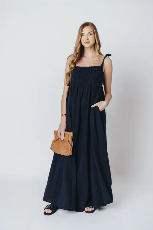 Almeria Smocked Maxi Dress with Self-Tie Straps in Black - Bump Friendly made by By Together