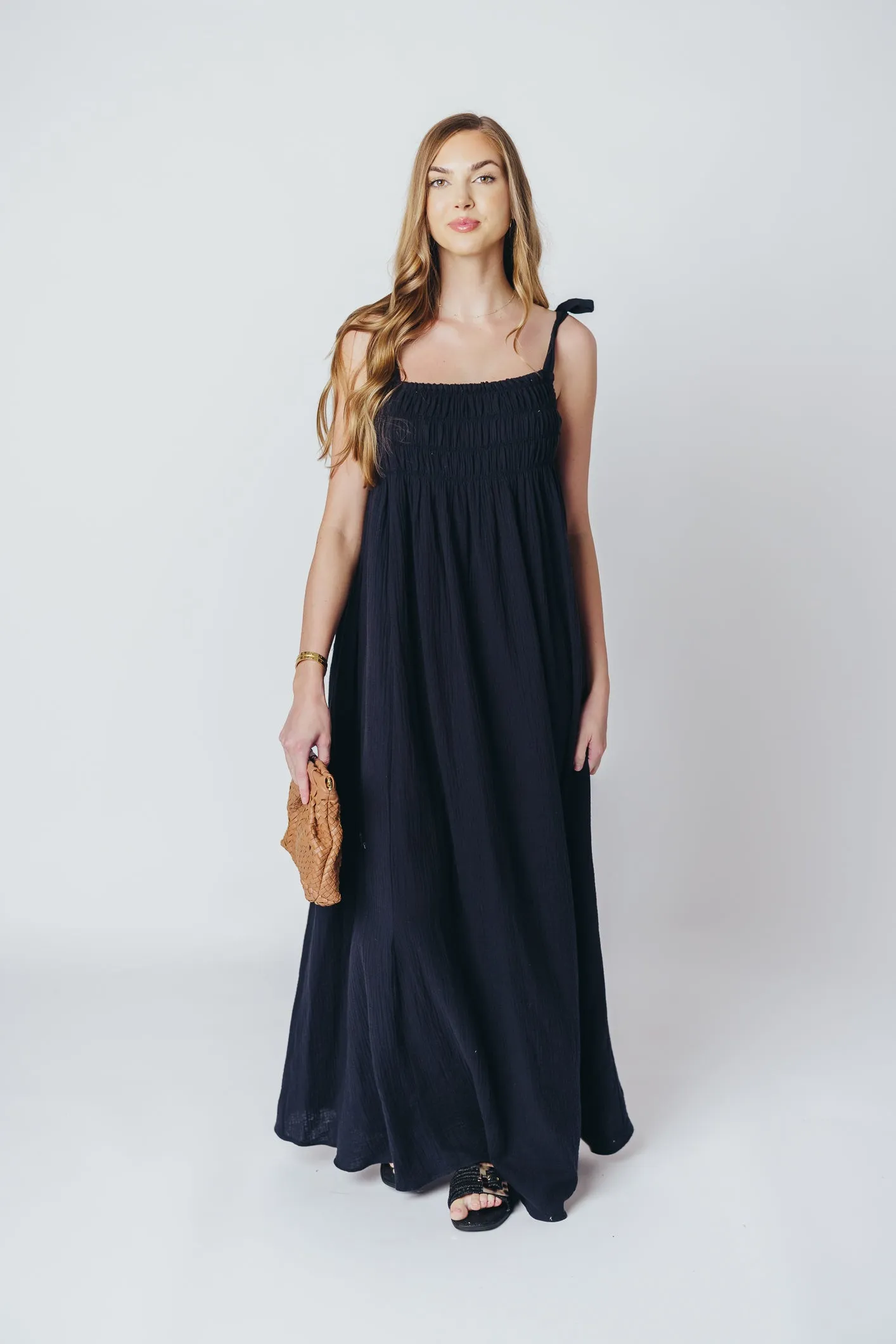Almeria Smocked Maxi Dress with Self-Tie Straps in Black - Bump Friendly sold by Worth Collective product image thumbnail 2