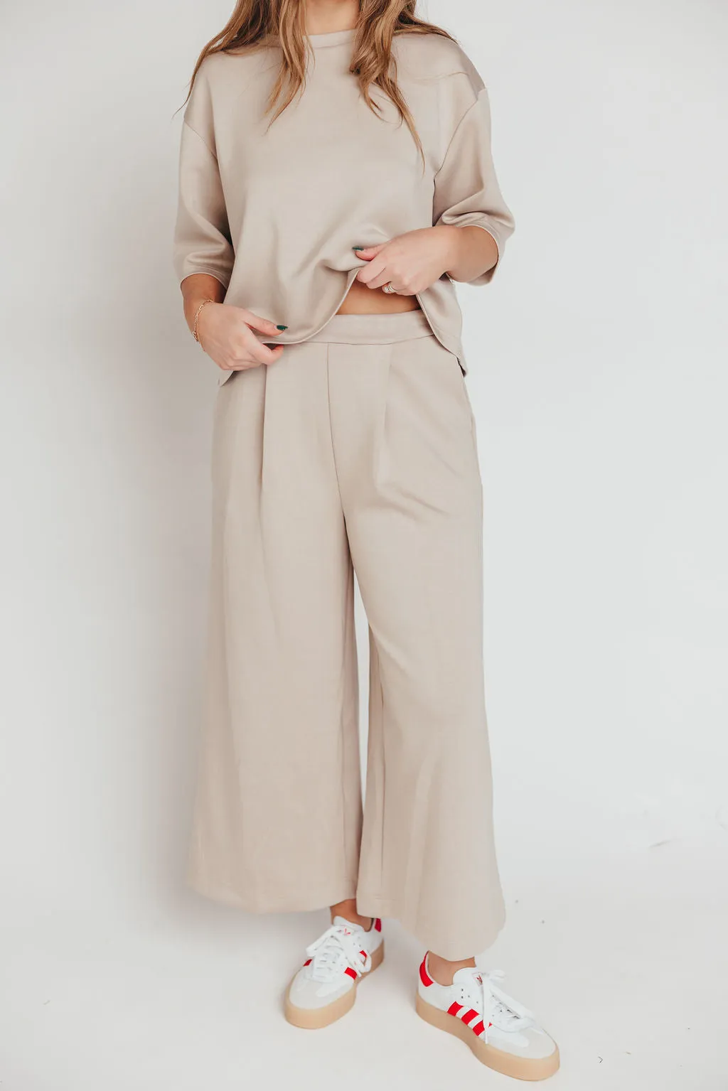 Bina Scuba Modal Cropped Wide Leg Pant in Taupe sold by Worth Collective