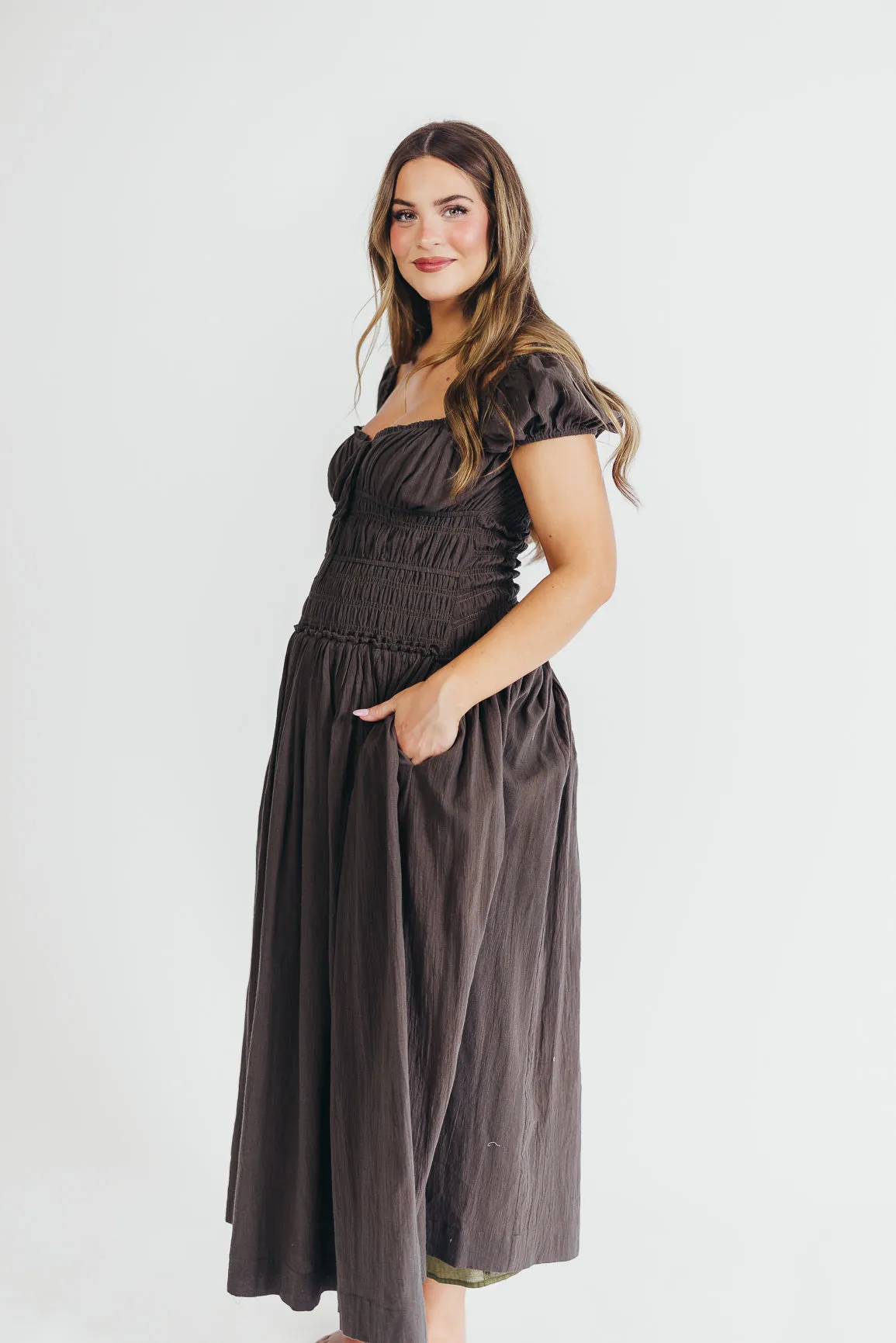 Aria Smocked Maxi Dress with Dropped Waist in Olive sold by Worth Collective product image thumbnail 5