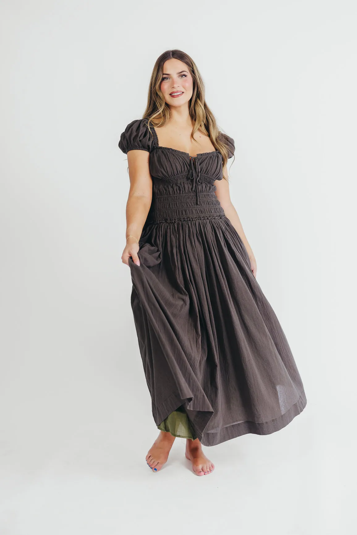 Aria Smocked Maxi Dress with Dropped Waist in Olive sold by Worth Collective product image thumbnail 3