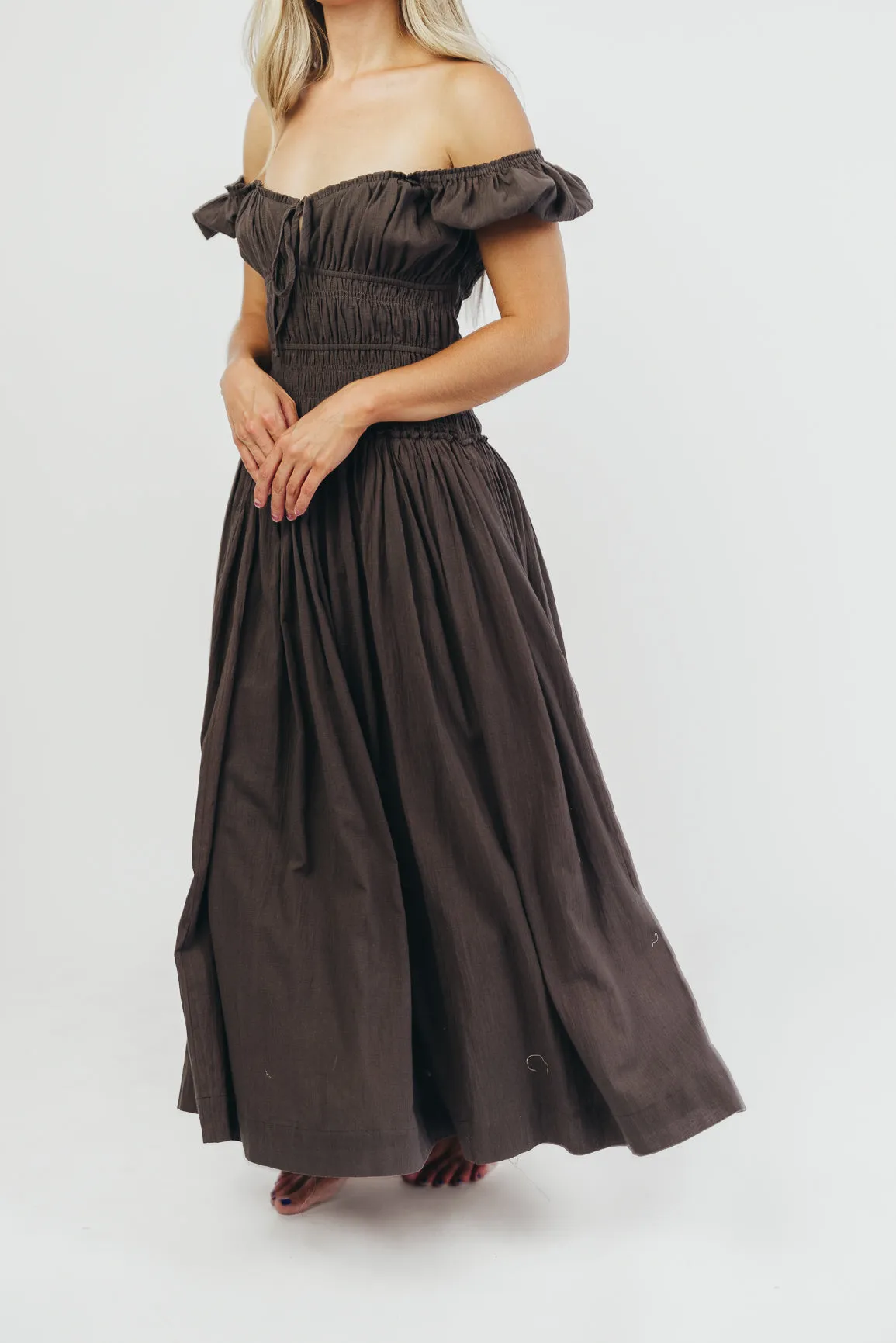 Aria Smocked Maxi Dress with Dropped Waist in Olive sold by Worth Collective product image thumbnail 2