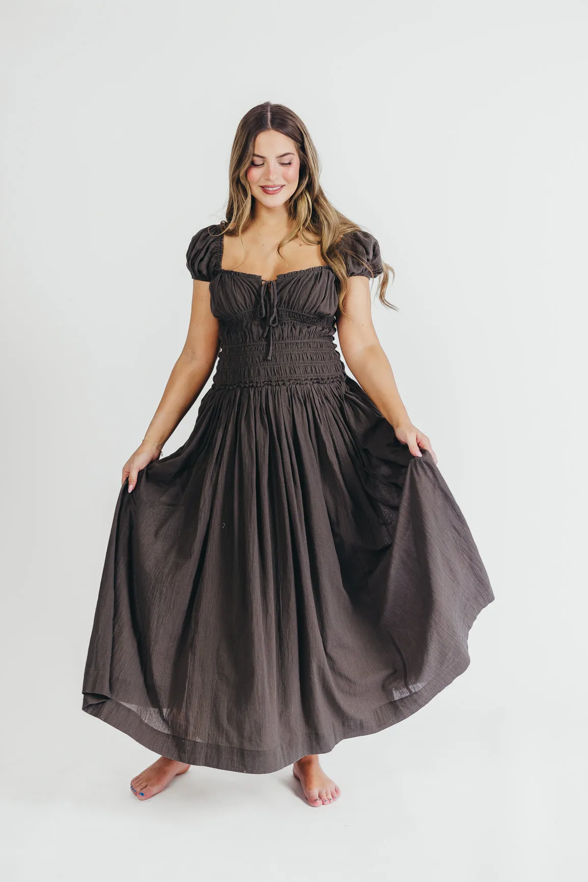 Aria Smocked Maxi Dress with Dropped Waist in Olive sold by Worth Collective product image thumbnail 4