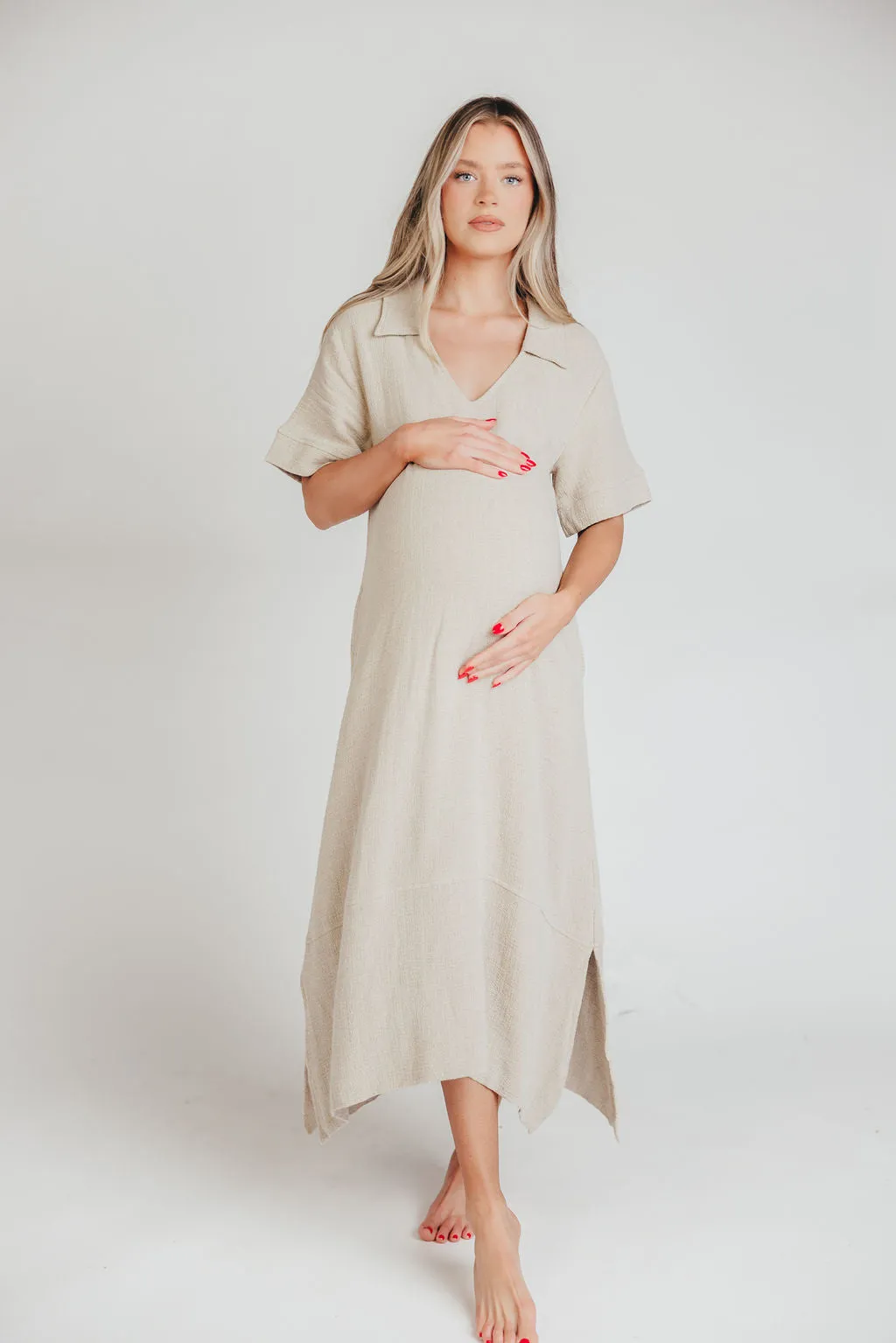 Fallon Linen-Blend Collared Midi Dress in Sand - Bump Friendly sold by Worth Collective product image thumbnail 2