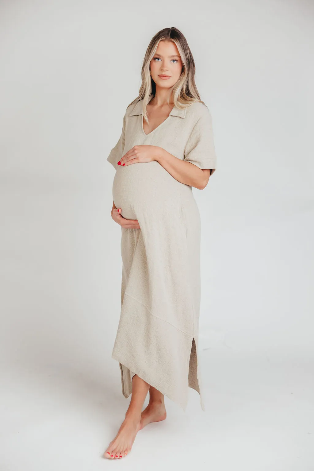 Fallon Linen-Blend Collared Midi Dress in Sand - Bump Friendly sold by Worth Collective product image thumbnail 4