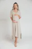 Fallon Linen-Blend Collared Midi Dress in Sand - Bump Friendly sold by Worth Collective