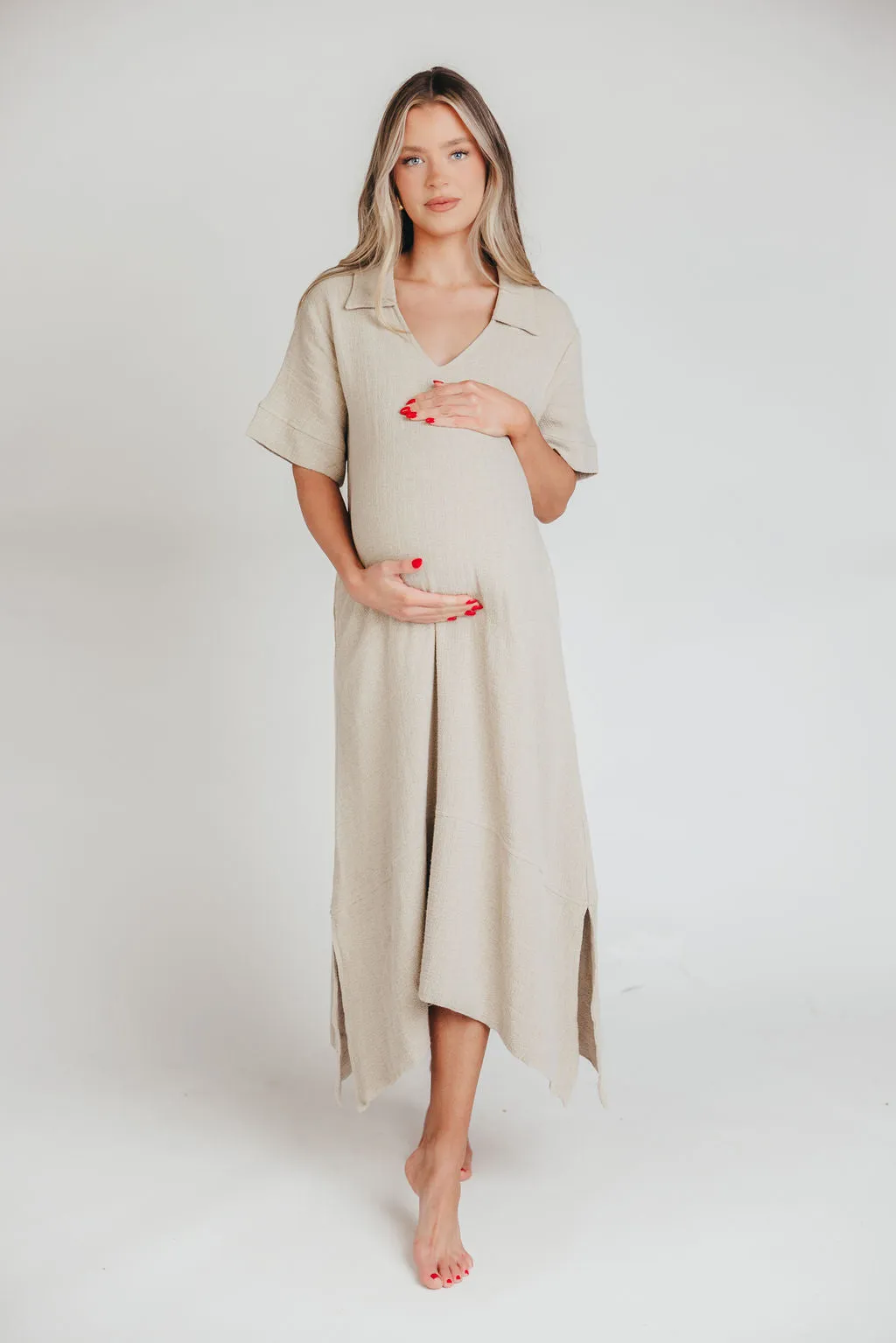 Fallon Linen-Blend Collared Midi Dress in Sand - Bump Friendly sold by Worth Collective