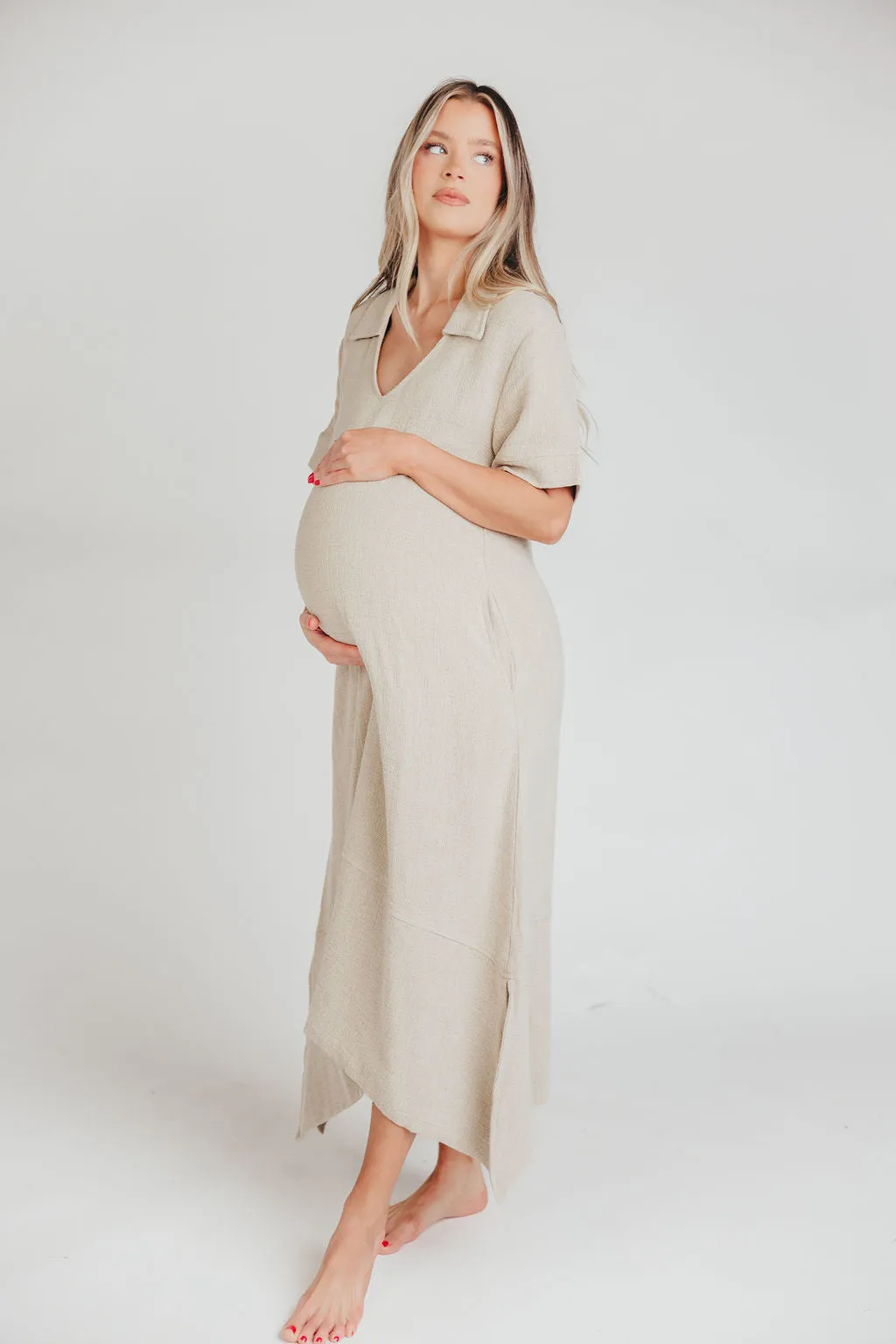Fallon Linen-Blend Collared Midi Dress in Sand - Bump Friendly sold by Worth Collective product image thumbnail 5